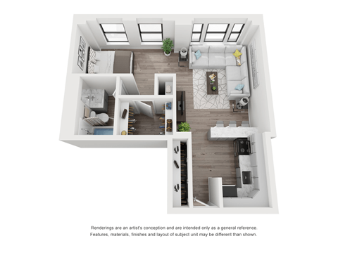 Floor plan for studio, 1 bath, 593 sqft